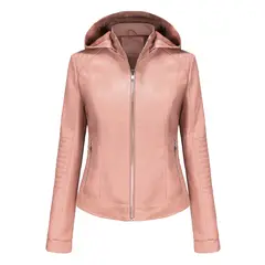 TIOZONEY - Chaqueta de PU con gorro desmontable para mujer - Rosado
