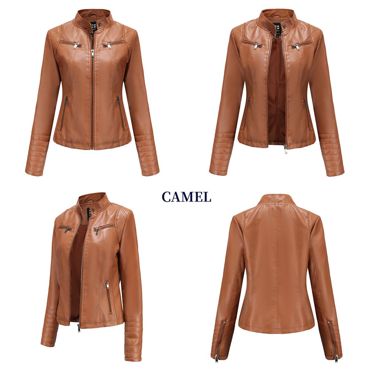 TIOZONEY - Chaqueta de PU casual PU cuello alto - Café Claro