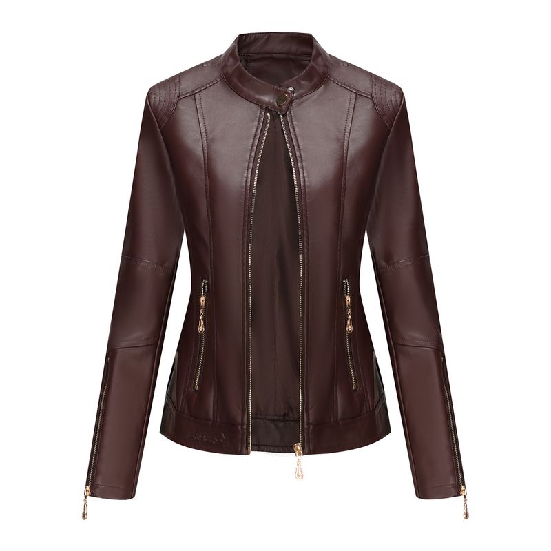 TIOZONEY - Chaqueta corta de PU para mujer- Café