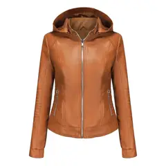 TIOZONEY - Chaqueta de PU con gorro desmontable para mujer - Amarillo