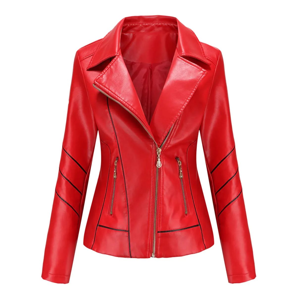 TIOZONEY - Chaqueta de PU a rayas para mujer- Rojo