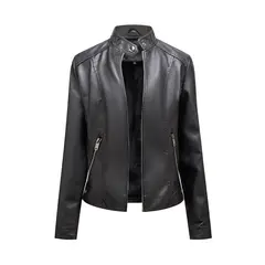 TIOZONEY - Chaqueta de PU con cuello alto para mujer - Negro