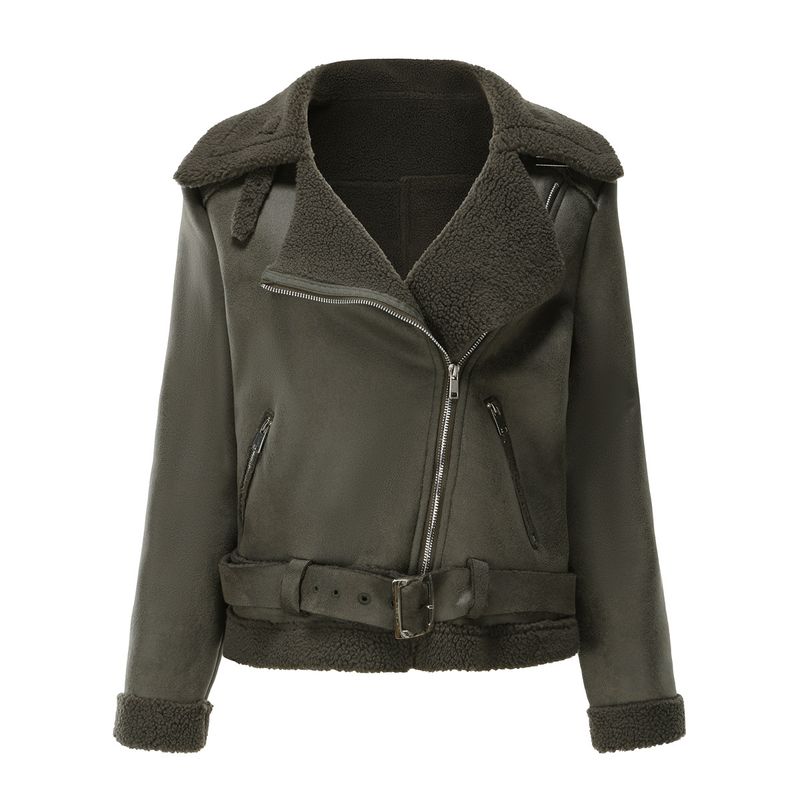 TIOZONEY - Chaqueta cálida de PU con cinturón para mujer - Verd