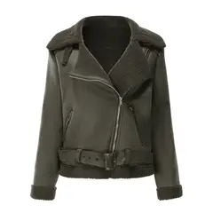 TIOZONEY - Chaqueta cálida de PU con cinturón para mujer - Verd