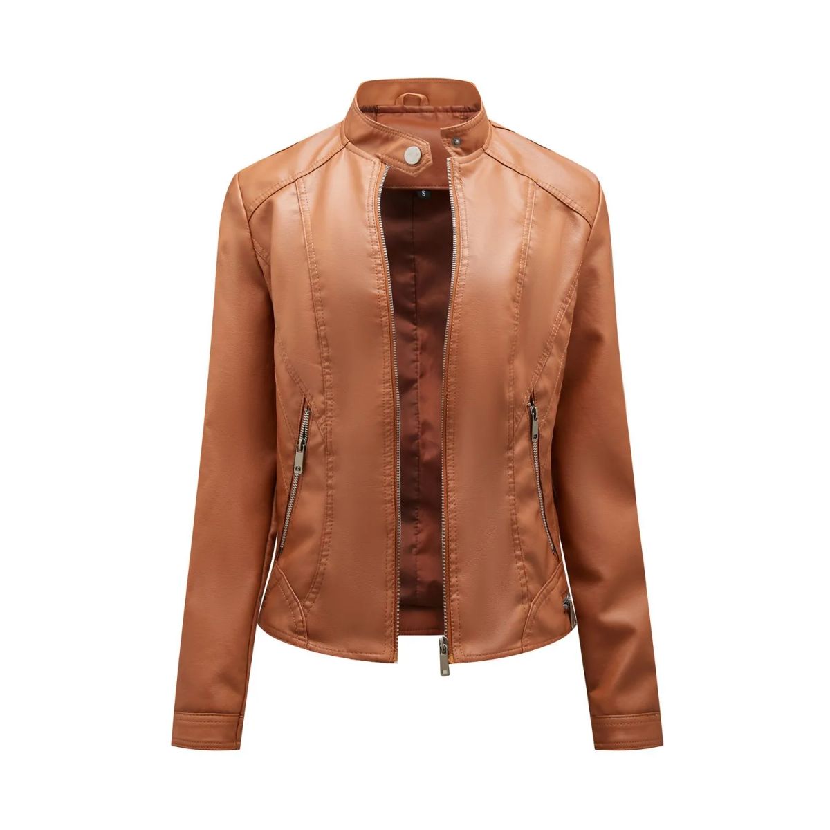 TIOZONEY - Chaqueta de PU con cuello alto para mujer - Café Claro