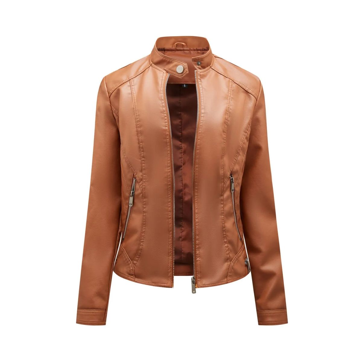 TIOZONEY - Chaqueta de PU con cuello alto para mujer - Café Claro