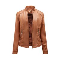 Chaqueta de PU con cuello alto para mujer - Café Claro
