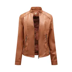 TIOZONEY - Chaqueta de PU con cuello alto para mujer - Café Claro