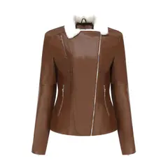TIOZONEY - Chaqueta de PU con cuello cálido para mujer - Café