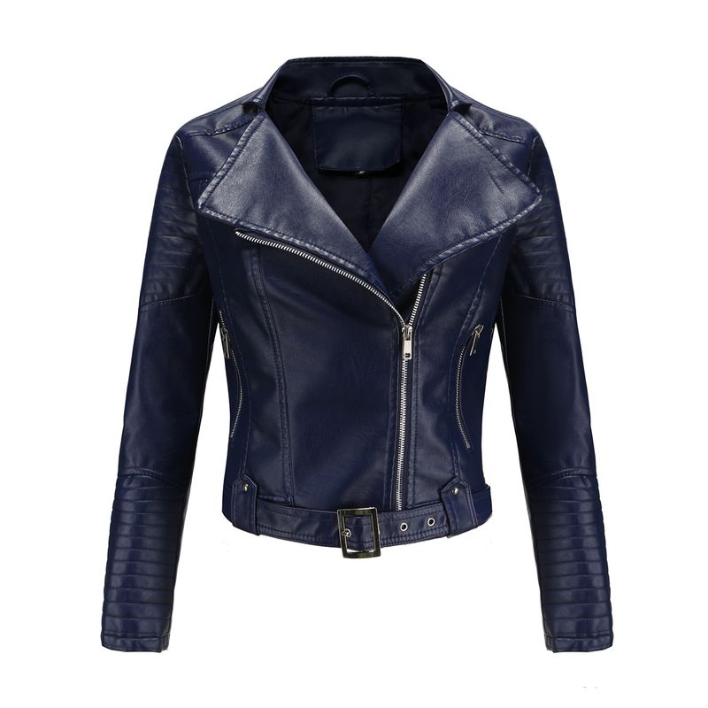 TIOZONEY - Chaqueta de PU con cinturón y cierre para mujer - Azul