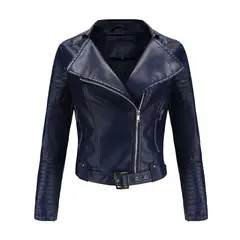 TIOZONEY - Chaqueta de PU con cinturón y cierre para mujer - Azul
