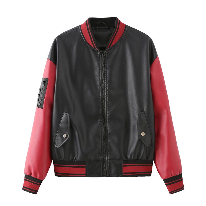 TIOZONEY - Chaqueta de PU para mujer - Mangas Rojas