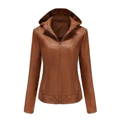 TIOZONEY - Chaqueta de PU para mujer con gorro desmontable - Café Claro