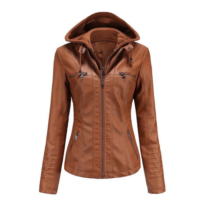 TIOZONEY - Chaqueta de PU con gorro para mujer - Café Claro
