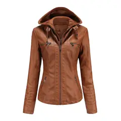 TIOZONEY - Chaqueta de PU con gorro para mujer - Café Claro
