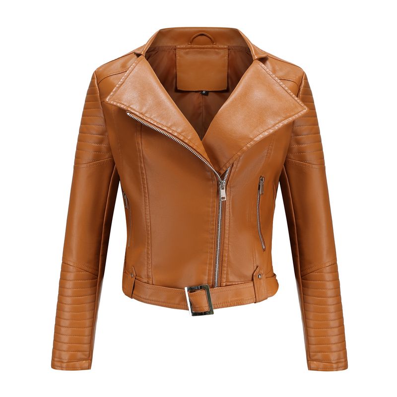 TIOZONEY - Chaqueta de PU con cinturón y cierre para mujer - Amarillo