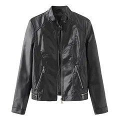 TIOZONEY - Chaqueta de PU con cuello para mujer - Negro