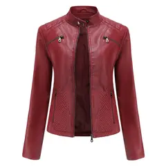 TIOZONEY - Chaqueta de PU casual PU cuello alto - Rojo