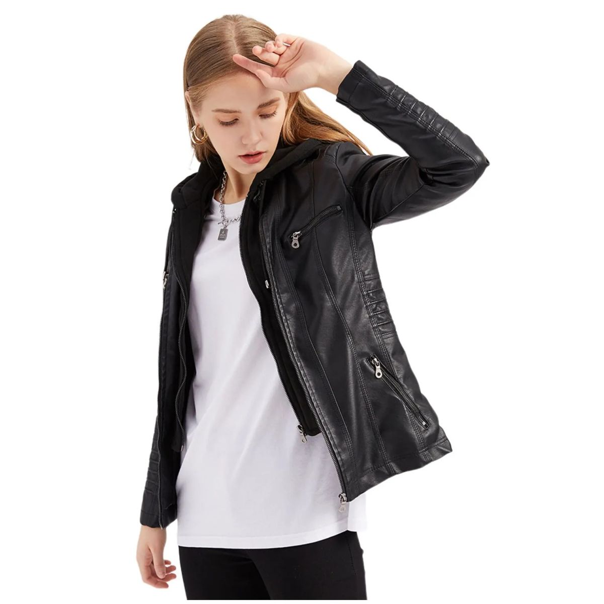 TIOZONEY - Chaqueta de PU con gorro para mujer - Negro