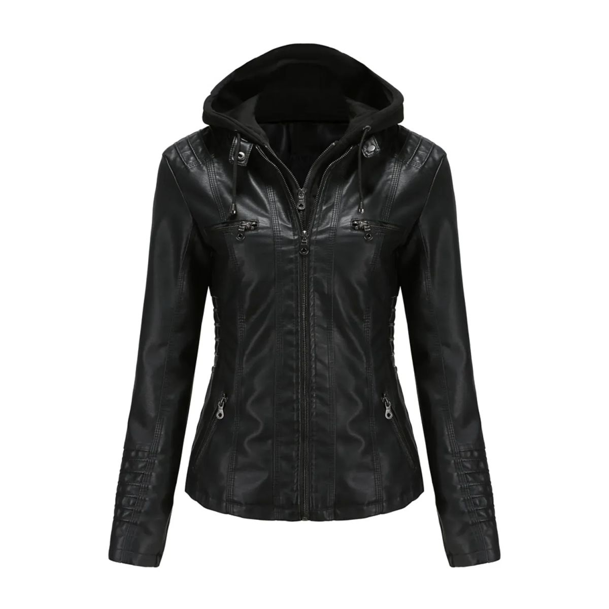 TIOZONEY - Chaqueta de PU con gorro para mujer - Negro