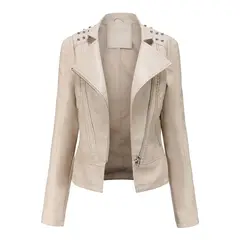 TIOZONEY - Chaqueta de PU y tachas para mujer -Blanco Crema