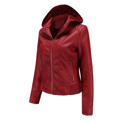 Imagen 2 del producto Chaqueta de PU para mujer con gorro desmontable - Rojo
