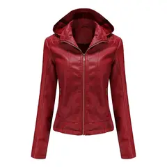 TIOZONEY - Chaqueta de PU para mujer con gorro desmontable - Rojo