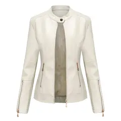 TIOZONEY - Chaqueta corta de PU para mujer- Blanco