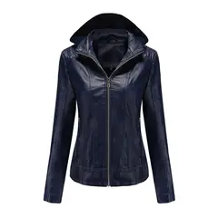 TIOZONEY - Chaqueta de PU para mujer con gorro desmontable - Azul