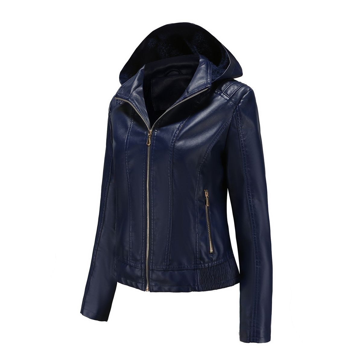TIOZONEY - Chaqueta de PU para mujer con gorro desmontable - Azul