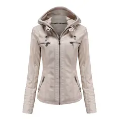 TIOZONEY - Chaqueta de PU con gorro para mujer - Crema