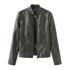 TIOZONEY - Chaqueta de PU con cuello para mujer - Verde