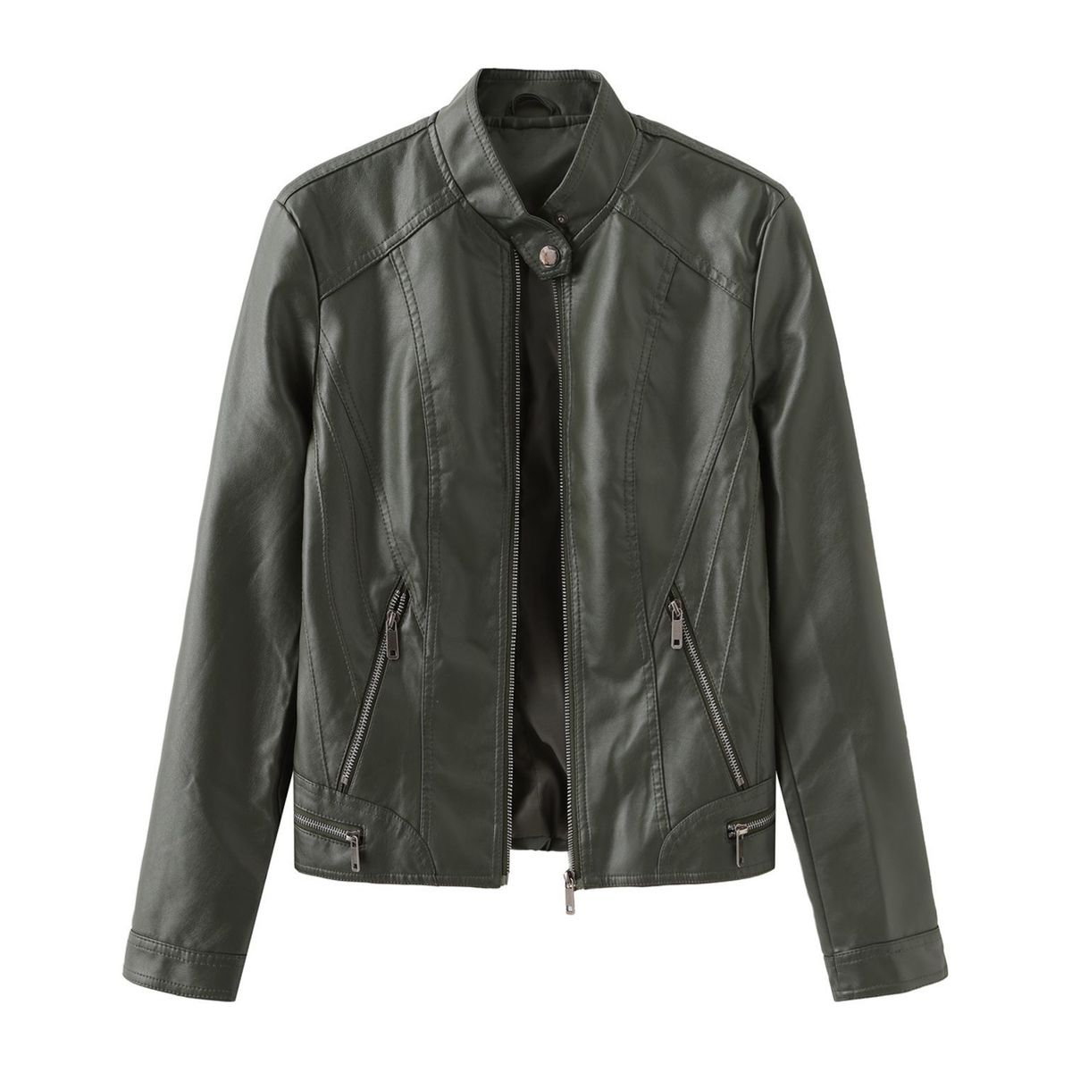 TIOZONEY - Chaqueta de PU con cuello para mujer - Verde