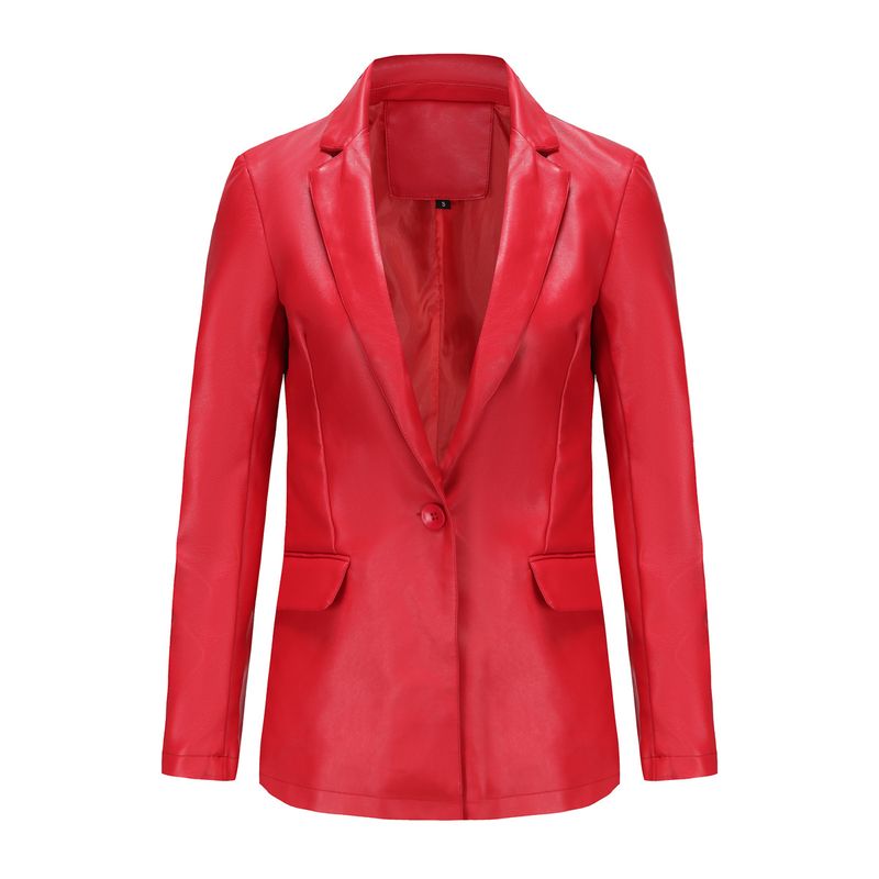 TIOZONEY - Abrigo de PU  de manga larga de color sólido para mujer - Rojo