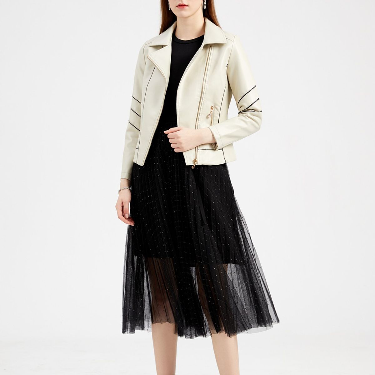 TIOZONEY - Chaqueta de PU a rayas para mujer- Blanco