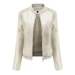 TIOZONEY - Chaqueta de PU con tachuelas y cuello alto para mujer - Blanco