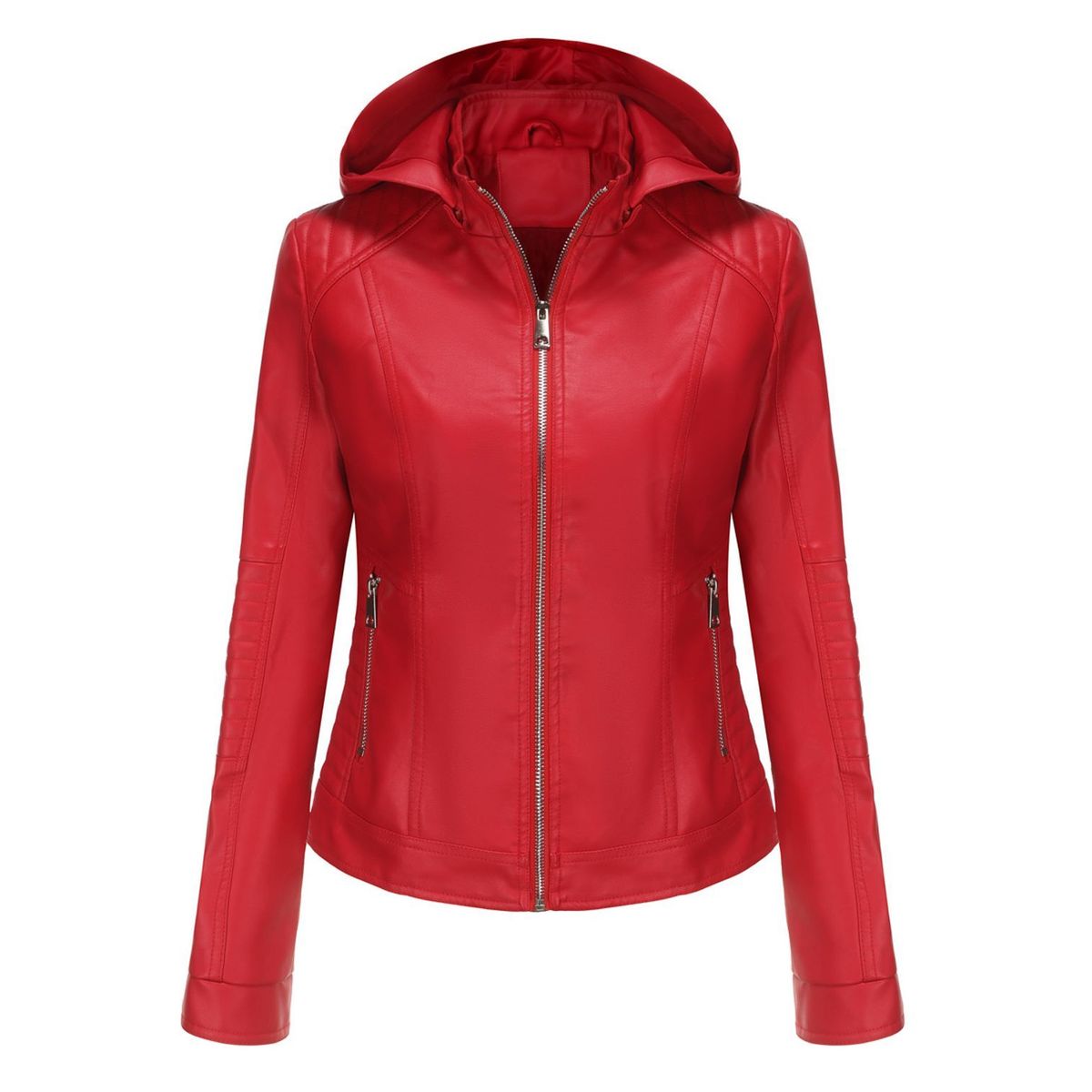 TIOZONEY - Chaqueta de PU con gorro desmontable para mujer - Rojo