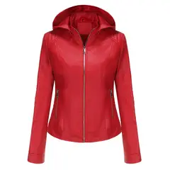 TIOZONEY - Chaqueta de PU con gorro desmontable para mujer - Rojo