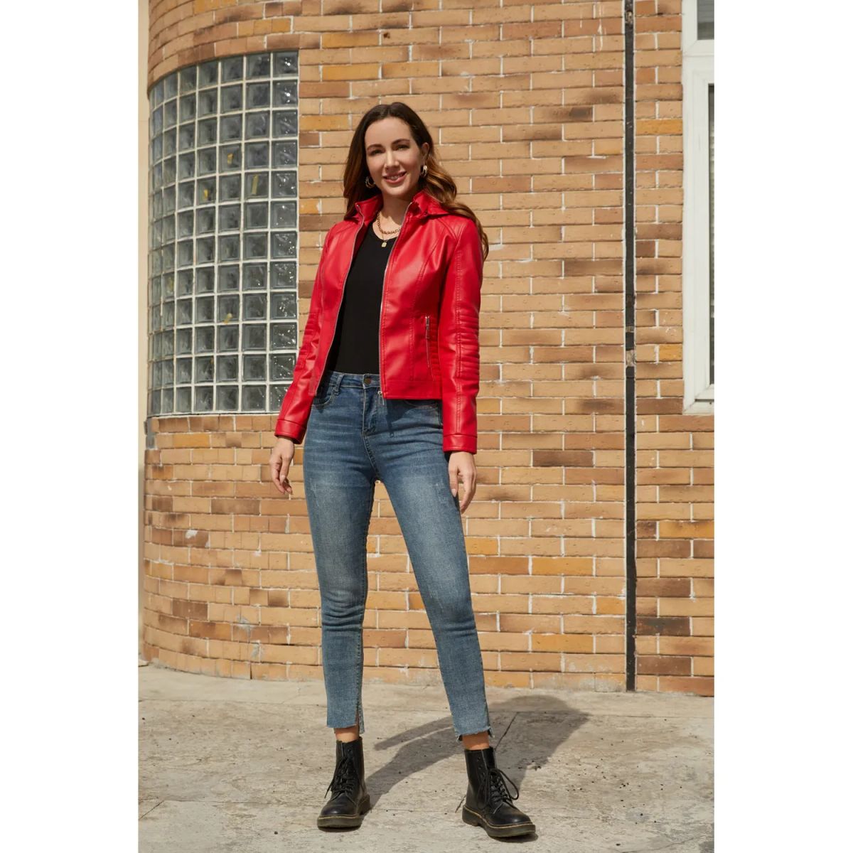 TIOZONEY - Chaqueta de PU con gorro desmontable para mujer - Rojo