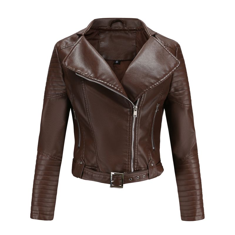 TIOZONEY - Chaqueta de PU con cinturón y cierre para mujer - Café