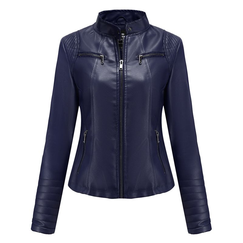 TIOZONEY - Chaqueta de PU casual PU cuello alto - Azul
