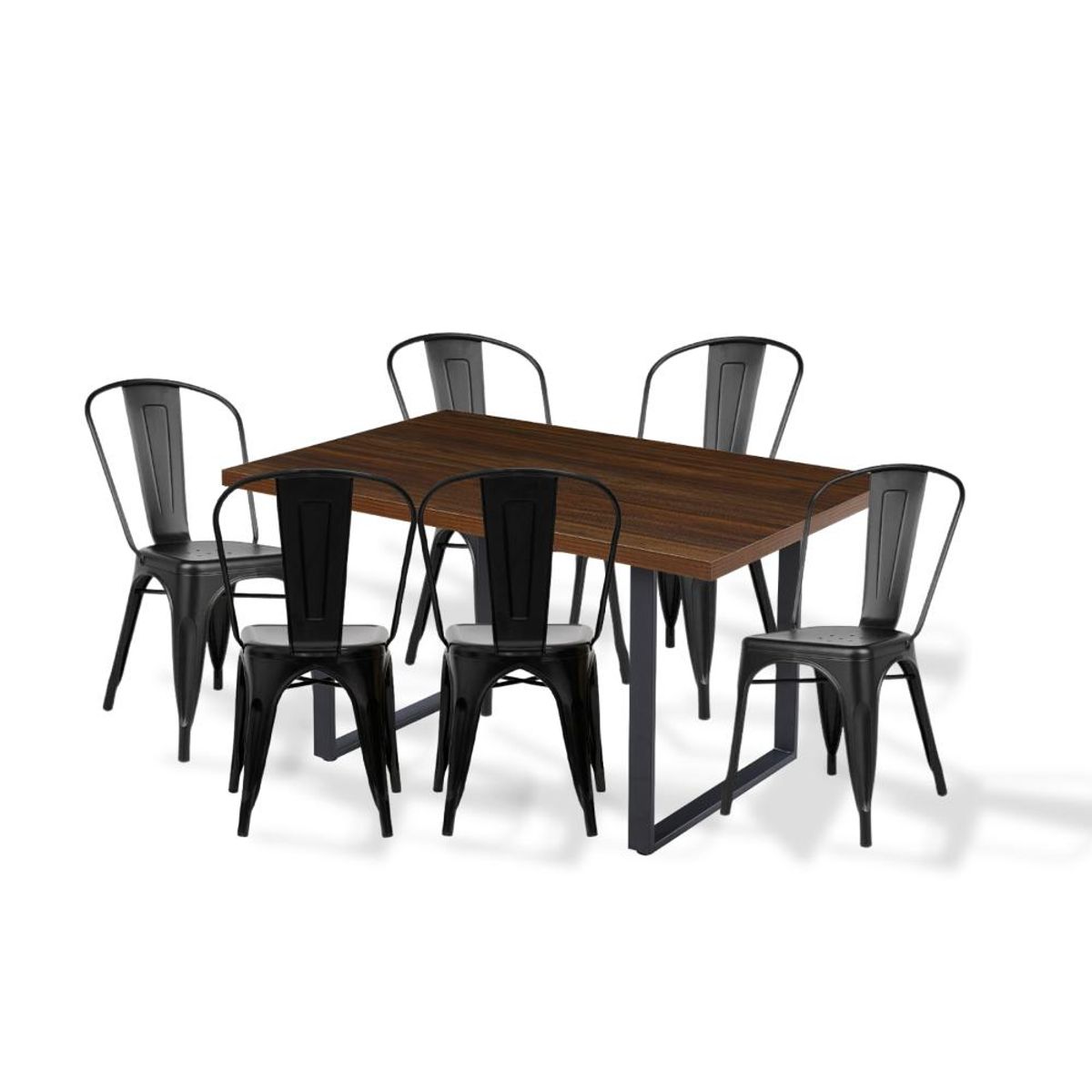 KLIK - Comedor Industrial 140x90 Madera Oscura Walnut + 6 Sillas Tolix Negras