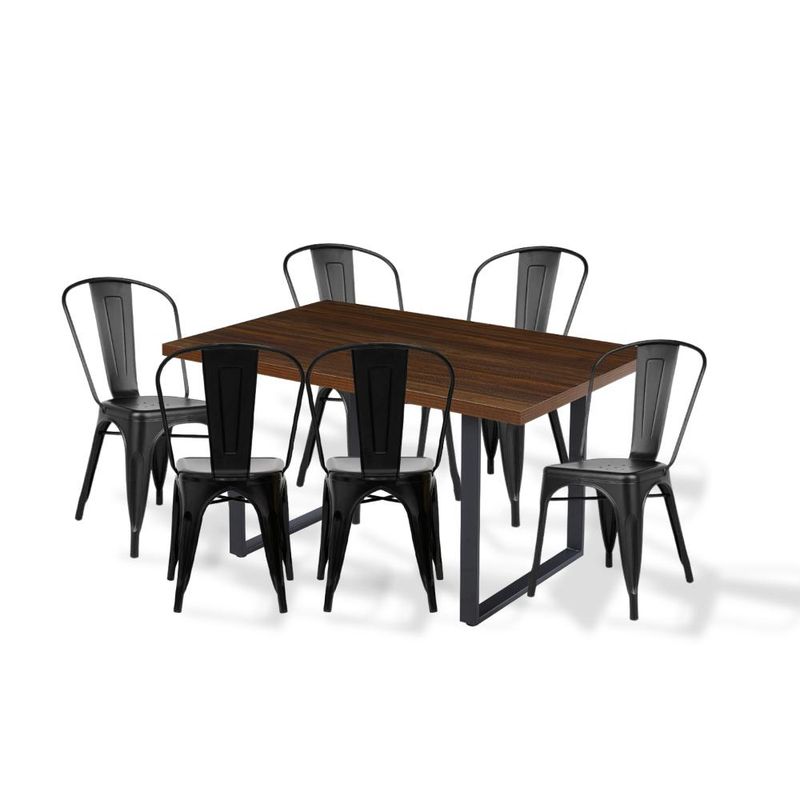 KLIK - Comedor Industrial 140x90 Madera Oscura Walnut + 6 Sillas Tolix Negras
