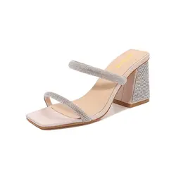TIOZONEY - Sandalias con tacón Mujer Beige y Plateadas con cristales