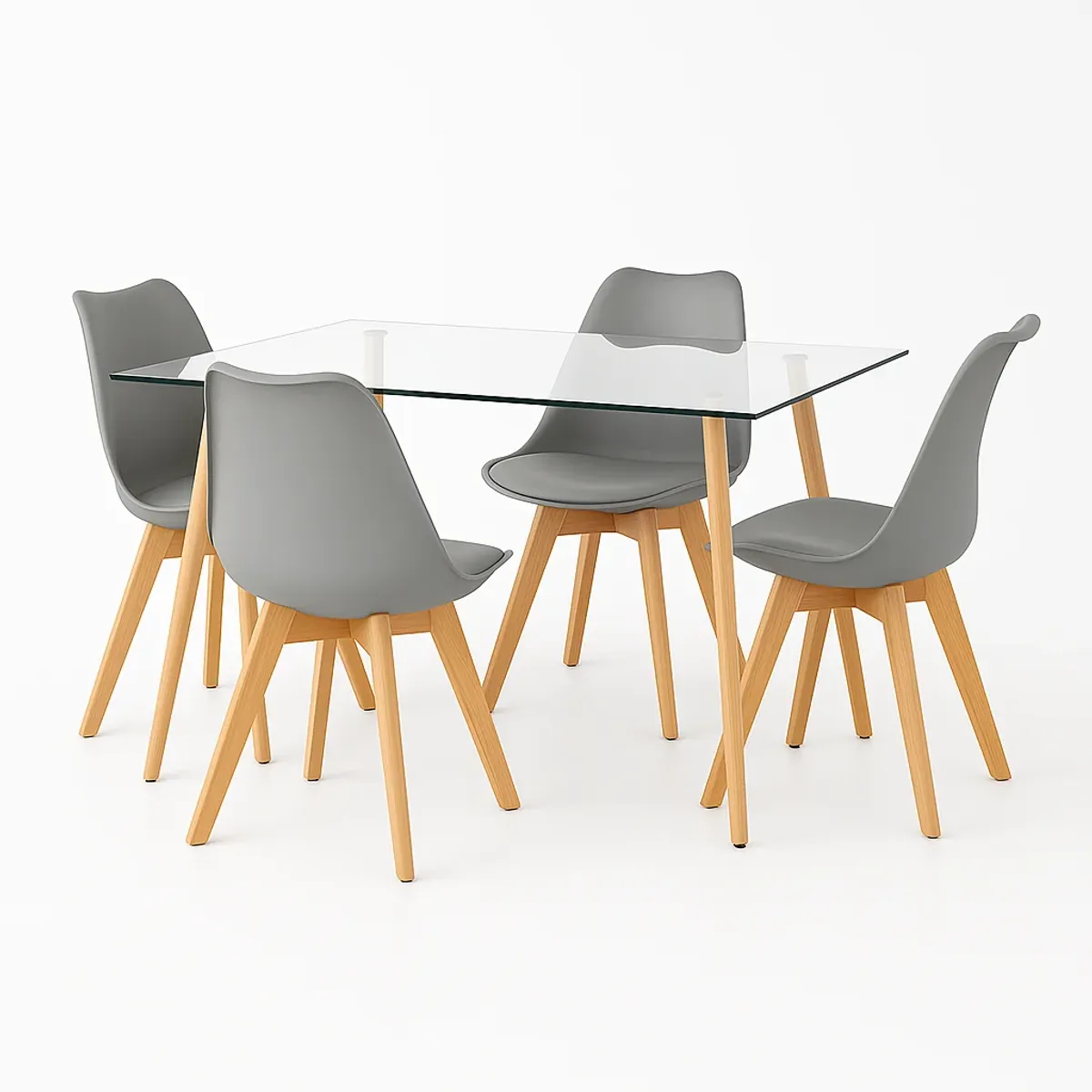 KLIK - Comedor Mesa de Vidrio Nórdica 140x90 cm + 4 Sillas Tulip Grises