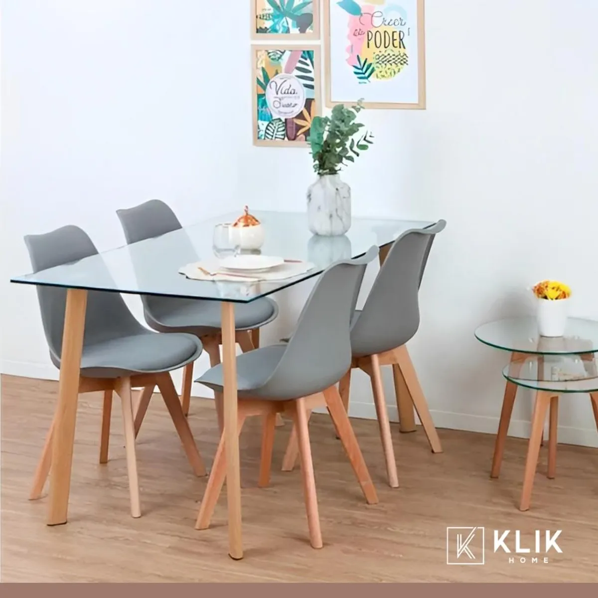 KLIK - Comedor Mesa de Vidrio Nórdica 140x90 cm + 4 Sillas Tulip Grises