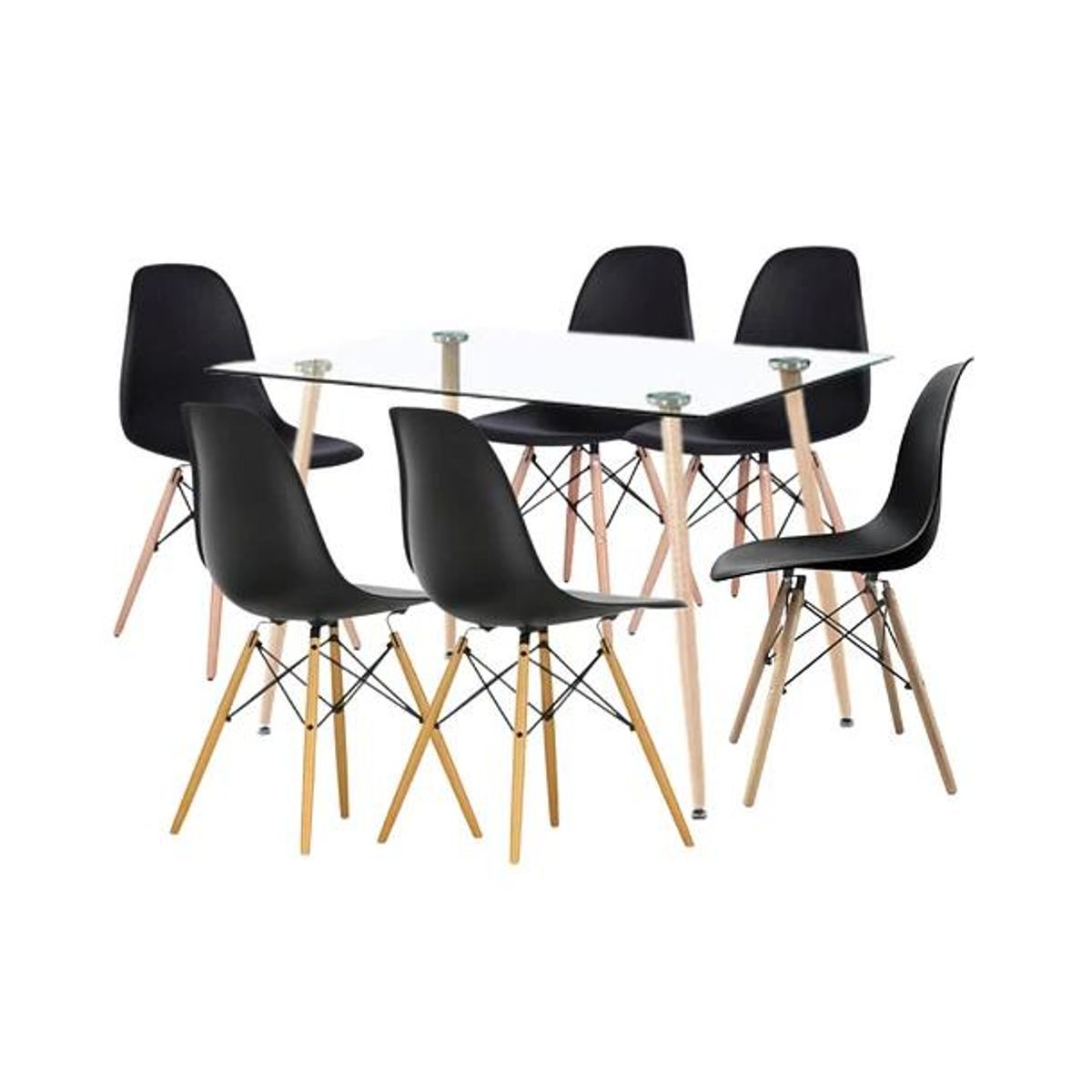 KLIK - Comedor Mesa de Vidrio Rectangular 120x80 + 6 Sillas Eames Negras
