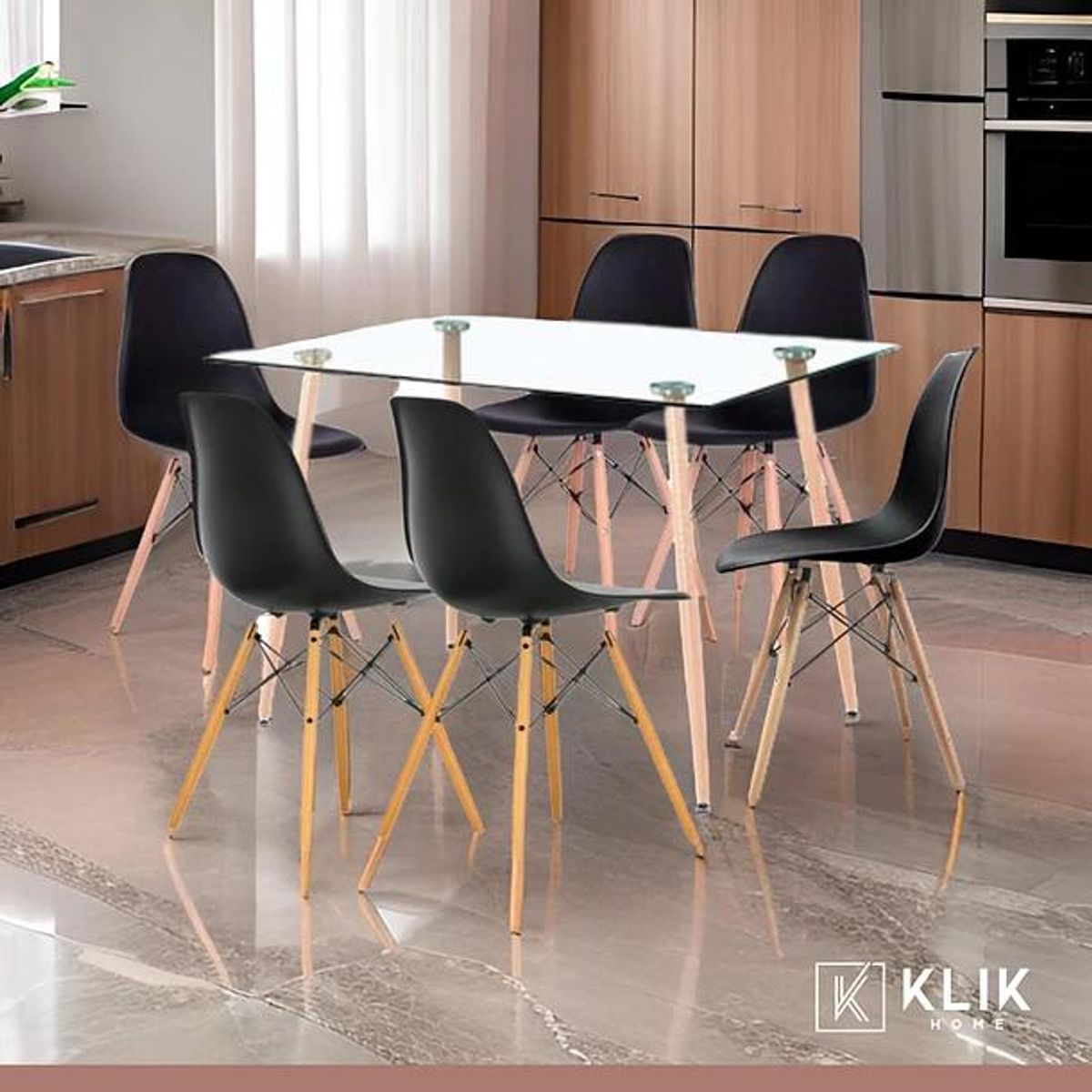 KLIK - Comedor Mesa de Vidrio Rectangular 120x80 + 6 Sillas Eames Negras