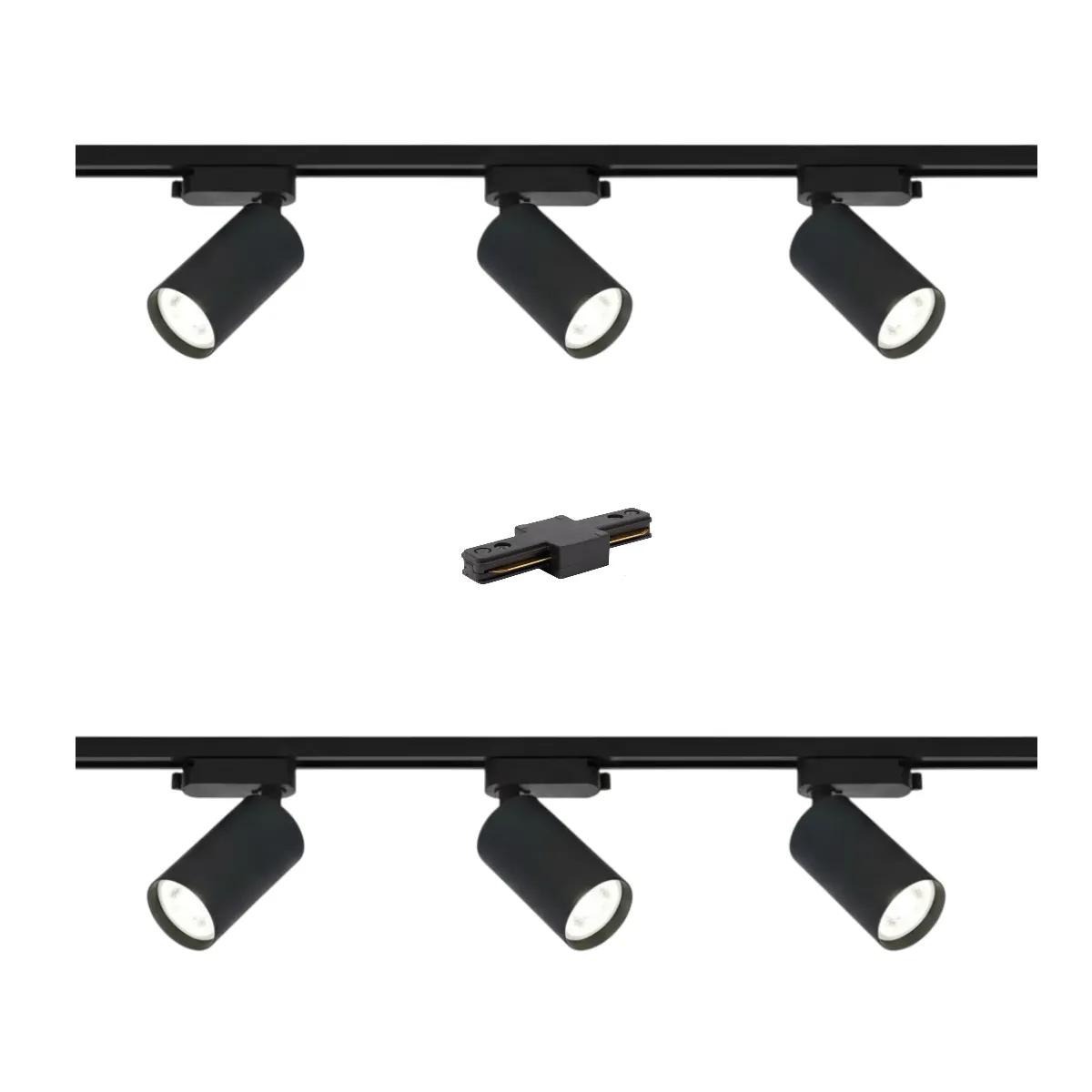 WANT - Lámpara 6 Focos Negros Luz Fría con 2 Riel de 1mt más Unión