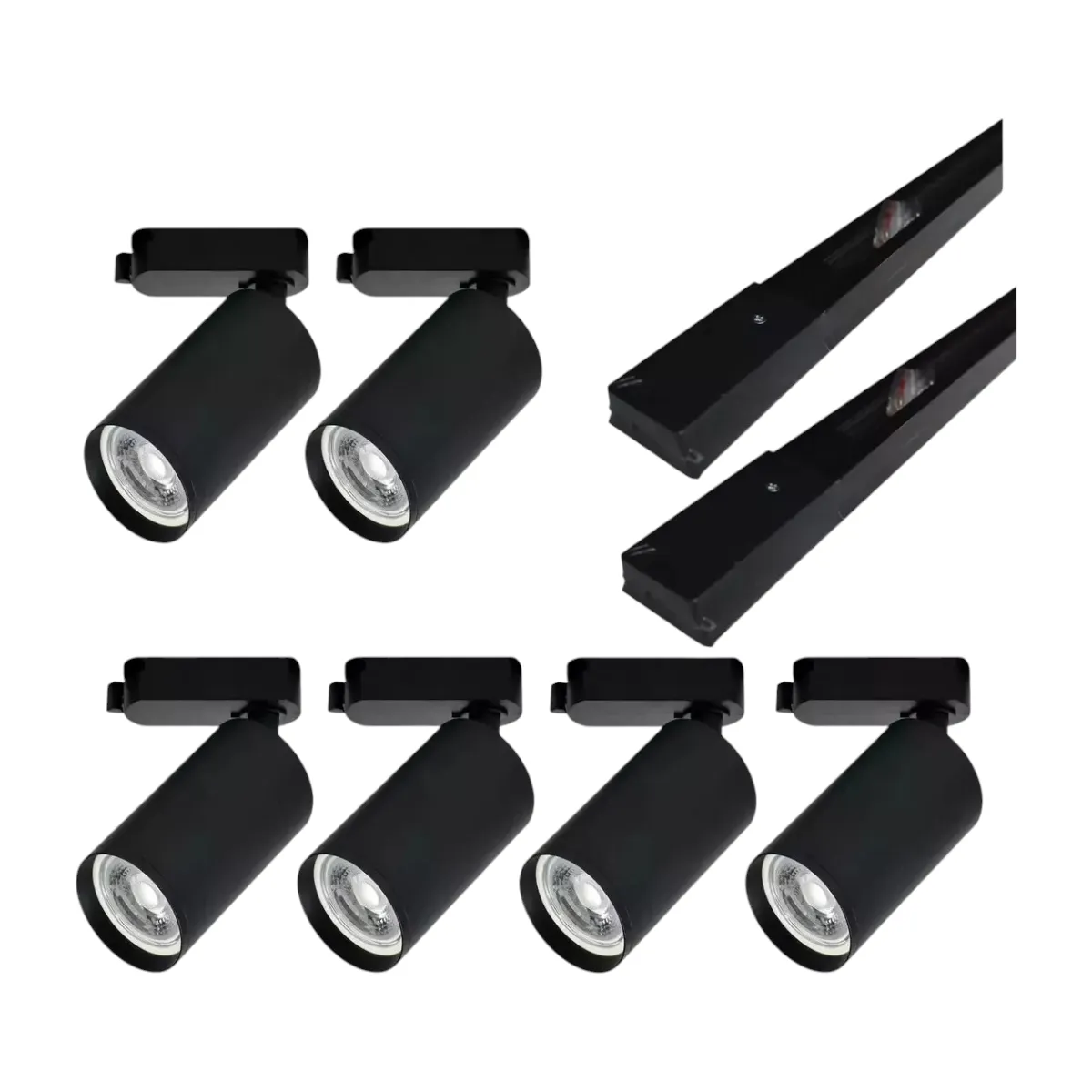 WANT - Lámpara 6 Focos Negros Luz Fría con 2 Riel de 1mt más Unión